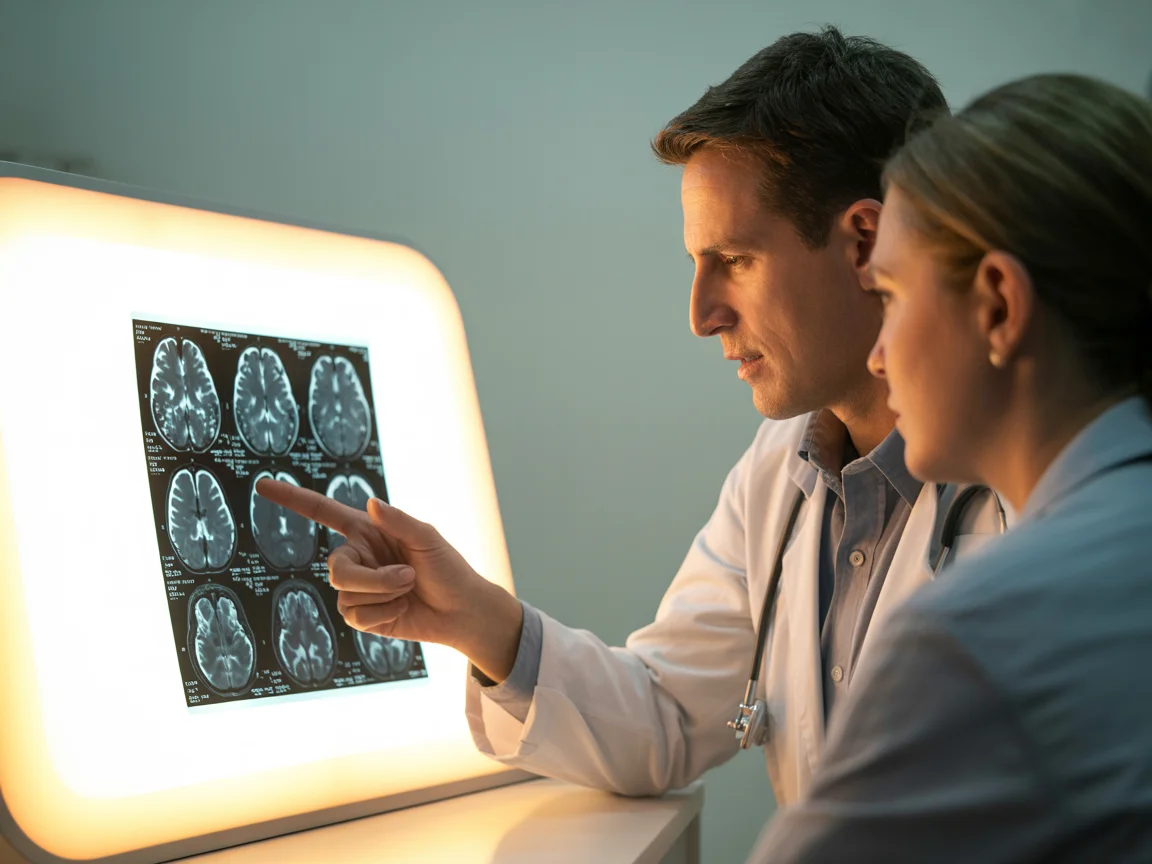 Neurologist reviewing brain MRI scan results with patient to diagnose traumatic brain injury severity and document symptoms for California personal injury claim